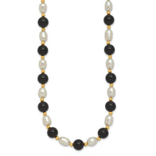 14k 6-7mm White Rice Freshwater Cultured Pearl and Onyx Beads 17 inch Necklace