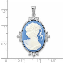 Sterling Silver Rhodium-plated Blue Plastic Cameo with CZ accents Pendant