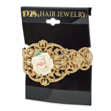 1928 Jewelry Gold-tone Filigree Ornate Porcelain Rose Ponytail Holder