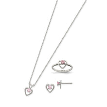 Sterling Silver Polished Pink CZ Heart Children's 15in Necklace, Size 3 Ring & Post Earrings Set