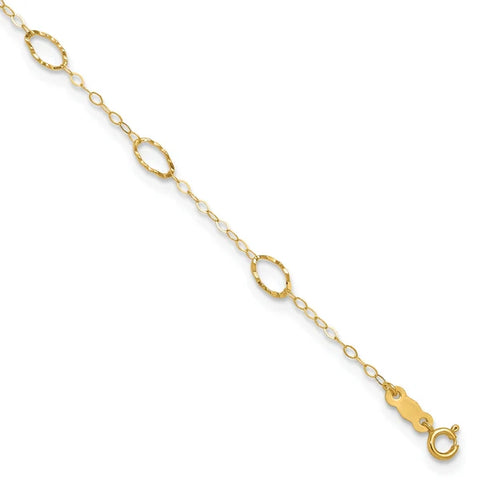 14k Textured Oval Shapes 9 inch Plus 1 inch Extender - Total 10 inch Anklet