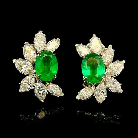 Oval Emerald & Marquise Diamond Petal Halo Earrings
