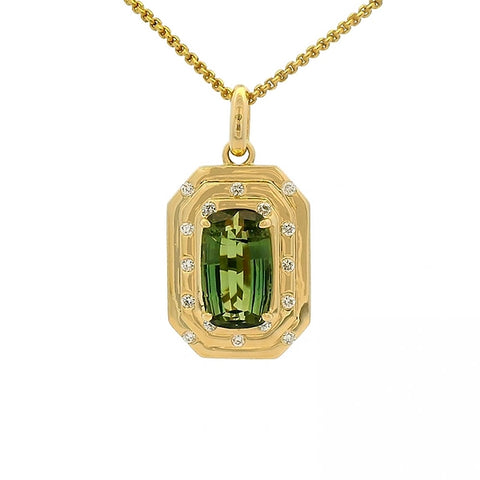 Green Tourmaline Halo Pendant With Fluted Gold And Diamond Accents