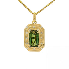 Green Tourmaline Halo Pendant With Fluted Gold And Diamond Accents