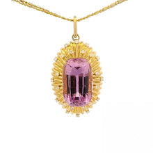 Elongated Cushion Kunzite Pendant With Radiating Diamond And Gold Halo