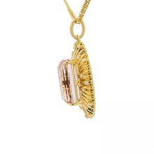 Elongated Cushion Kunzite Pendant With Radiating Diamond And Gold Halo
