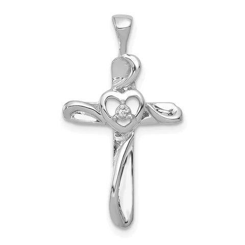 14k White Gold AA Diamond Cross with Heart Pendant