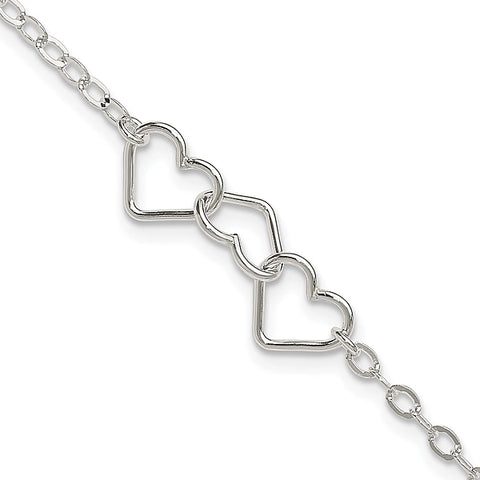 Sterling Silver 9inch Solid Polished Fancy Heart Link Anklet