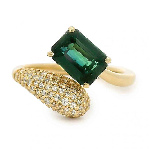 Teal Emerald-Cut Sapphire Asymmetrical Double Shank Ring