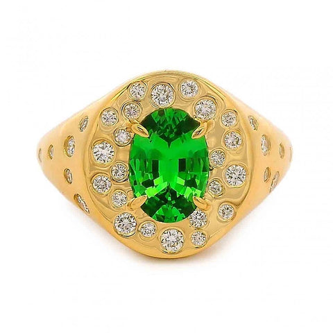 Oval Tsavorite Signet Ring With Burnished Diamond Accents