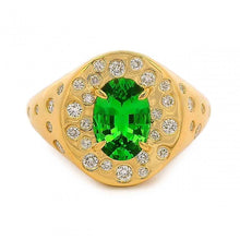 Oval Tsavorite Signet Ring With Burnished Diamond Accents