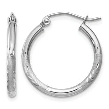 14k White Gold 2x20mm Satin Diamond-cut Round Tube Hoop Earrings