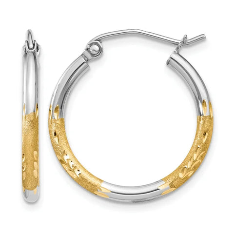 14k with White Rhodium 2mm Satin and Polished Diamond-cut Hoop Earrings