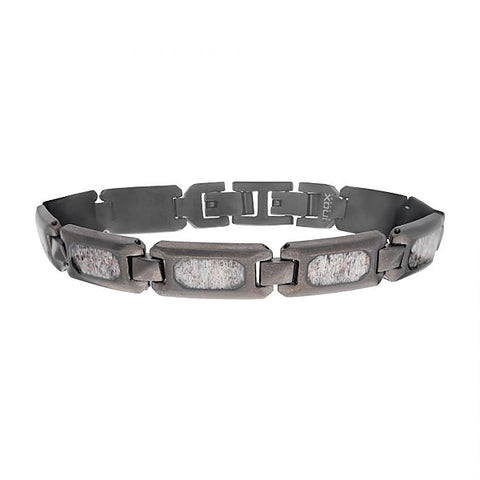 Matte Finish Gunmetal Silver Tone Stainless Steel Deer Antler Inlay Link Bracelet